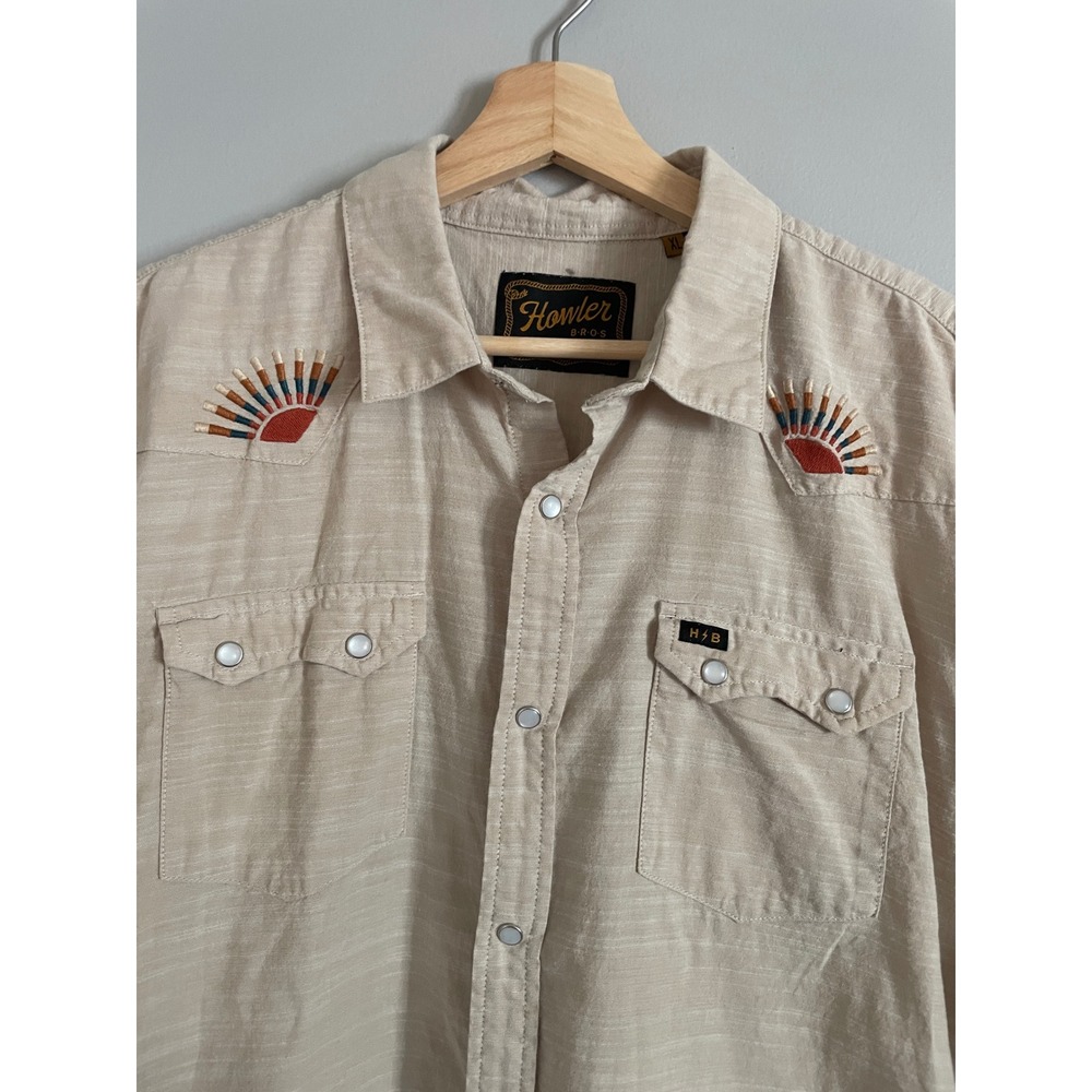 Howler Brothers Western Shirt Mens XL Beige Embroidered Snap Gaucho Outdoor